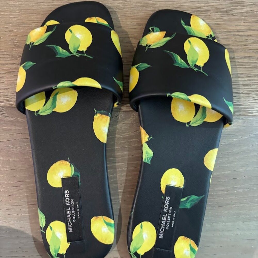 Michael Kors Collection Lemon Print Leather Delphine Slides